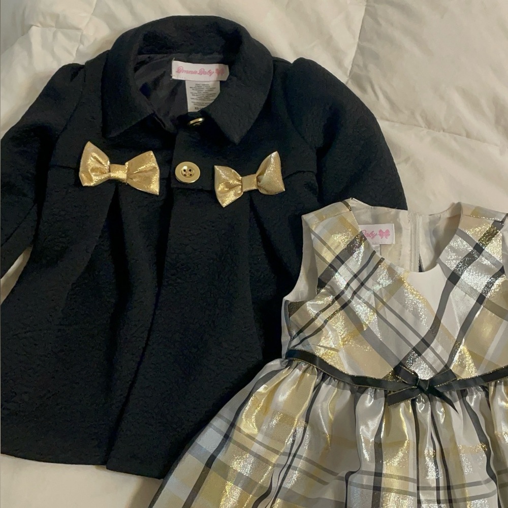Bonnie Baby Gold, Black, White Plaid Dress with matching Jacket Set